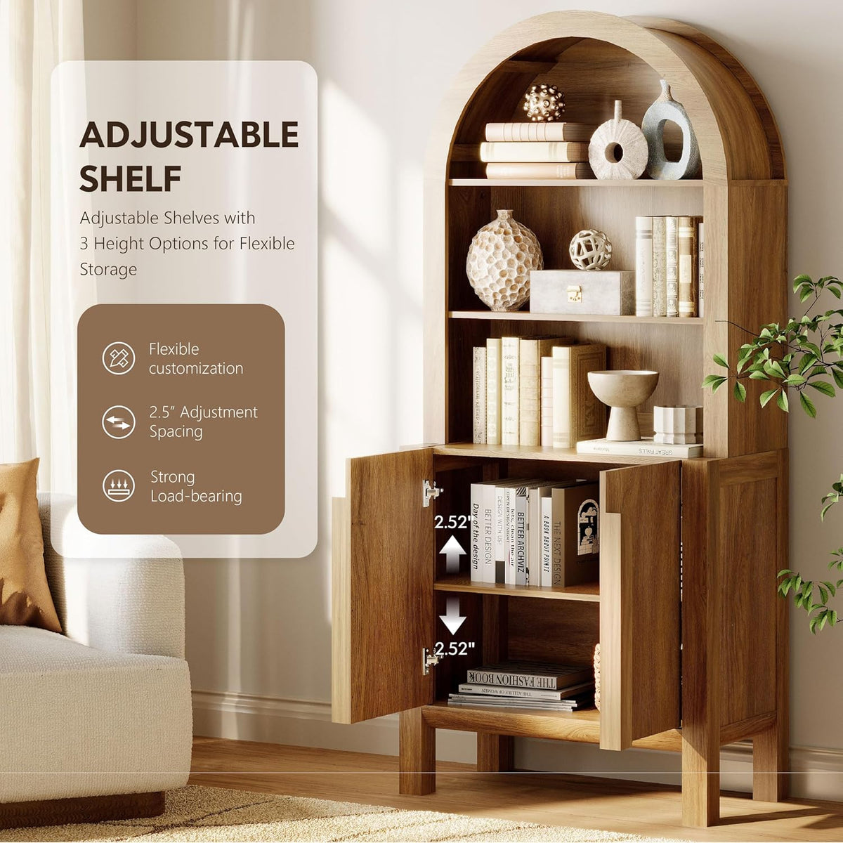 WAMPAT 6 in 1 71" Arched Bookcase with Doors, Walnut