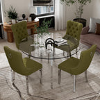 Clear Round Glass Top Dining Set for 4, 42'' Modern Luxury Circle Dinner Set, 5 PCS Minimalist Circular Kitchen Table Set, Olive Green High-end Tufted Chairs, for Small Place Home (Silver)