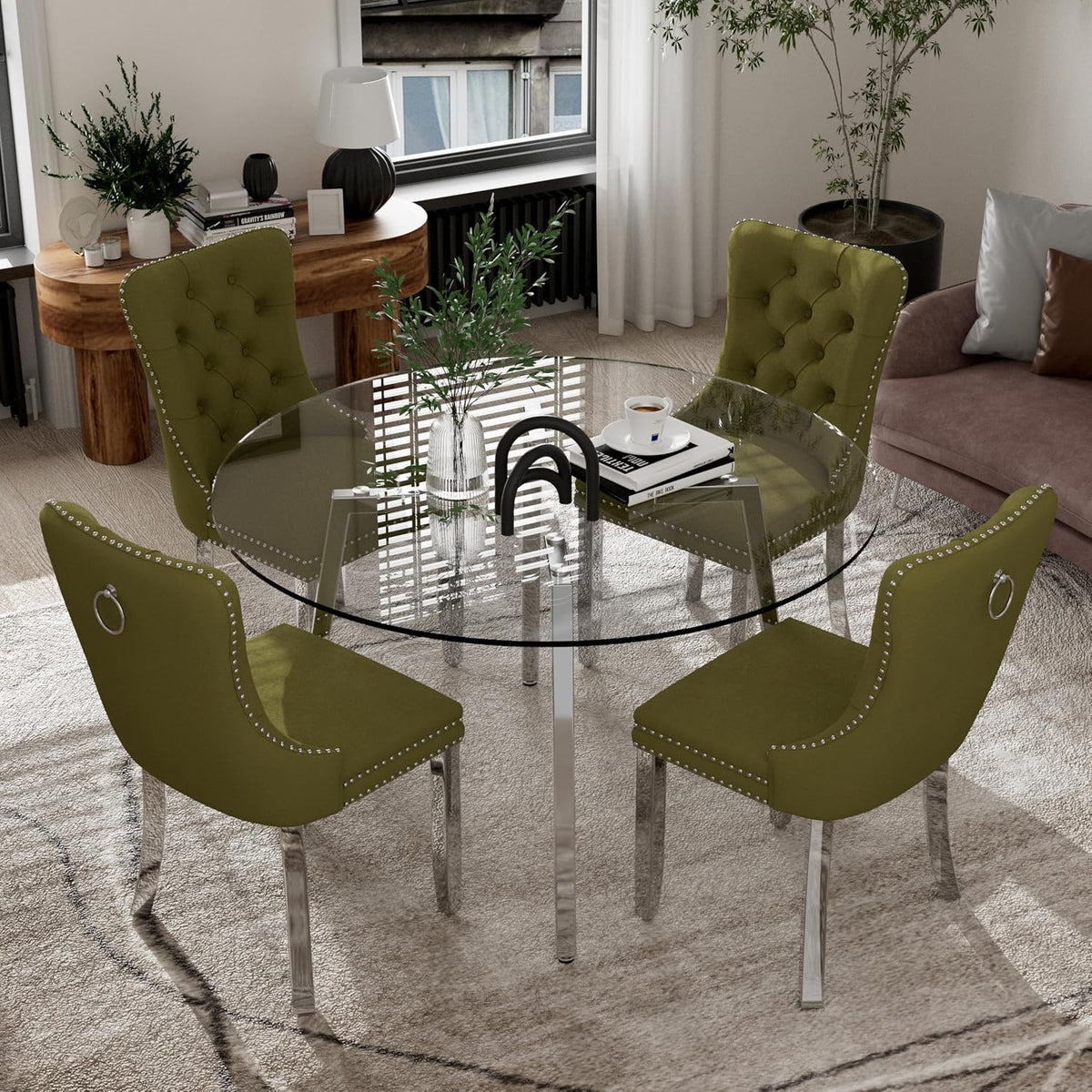 Clear Round Glass Top Dining Set for 4, 42'' Modern Luxury Circle Dinner Set, 5 PCS Minimalist Circular Kitchen Table Set, Olive Green High-end Tufted Chairs, for Small Place Home (Silver)