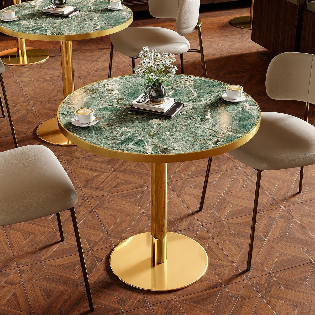 31.5" Tulip Table, Small Modern Round Dining Table for 2-4, Sintered Stone Circle Dining Tables with Golden Metal Pedestal Base, Tulip Tables for Kitchen/Cafe/Small Spaces/Restaurant (Verde Alpi)