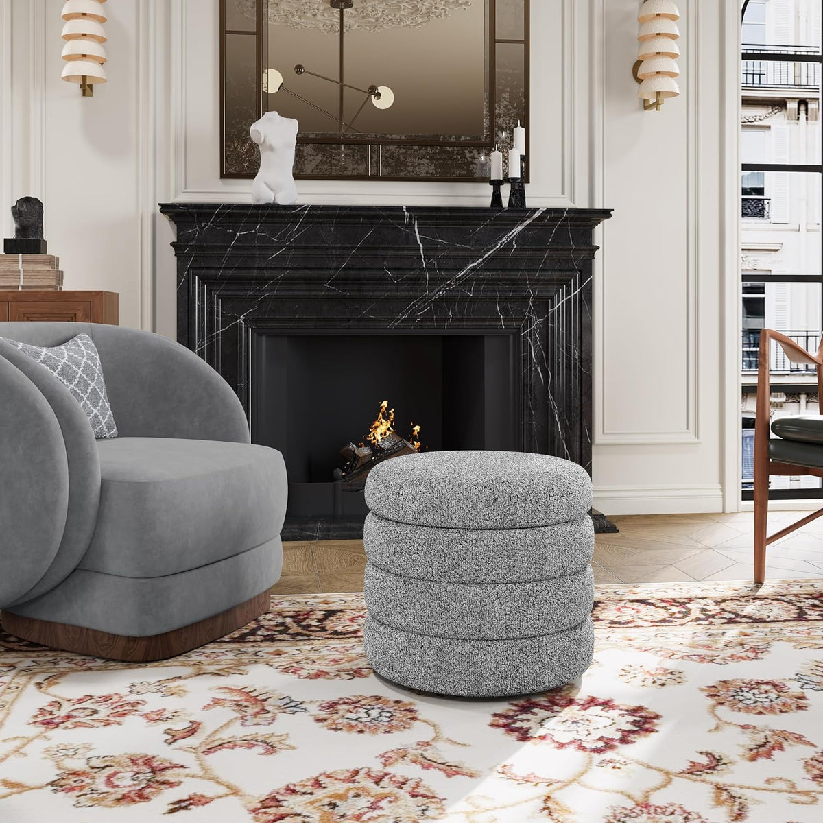 allamazing Storage Ottoman, Round Ottoman with Storage, Vanity Stool Foot Rest with Removable Lid, Round Boucle Upholstered for Living Room Pouf Footstool