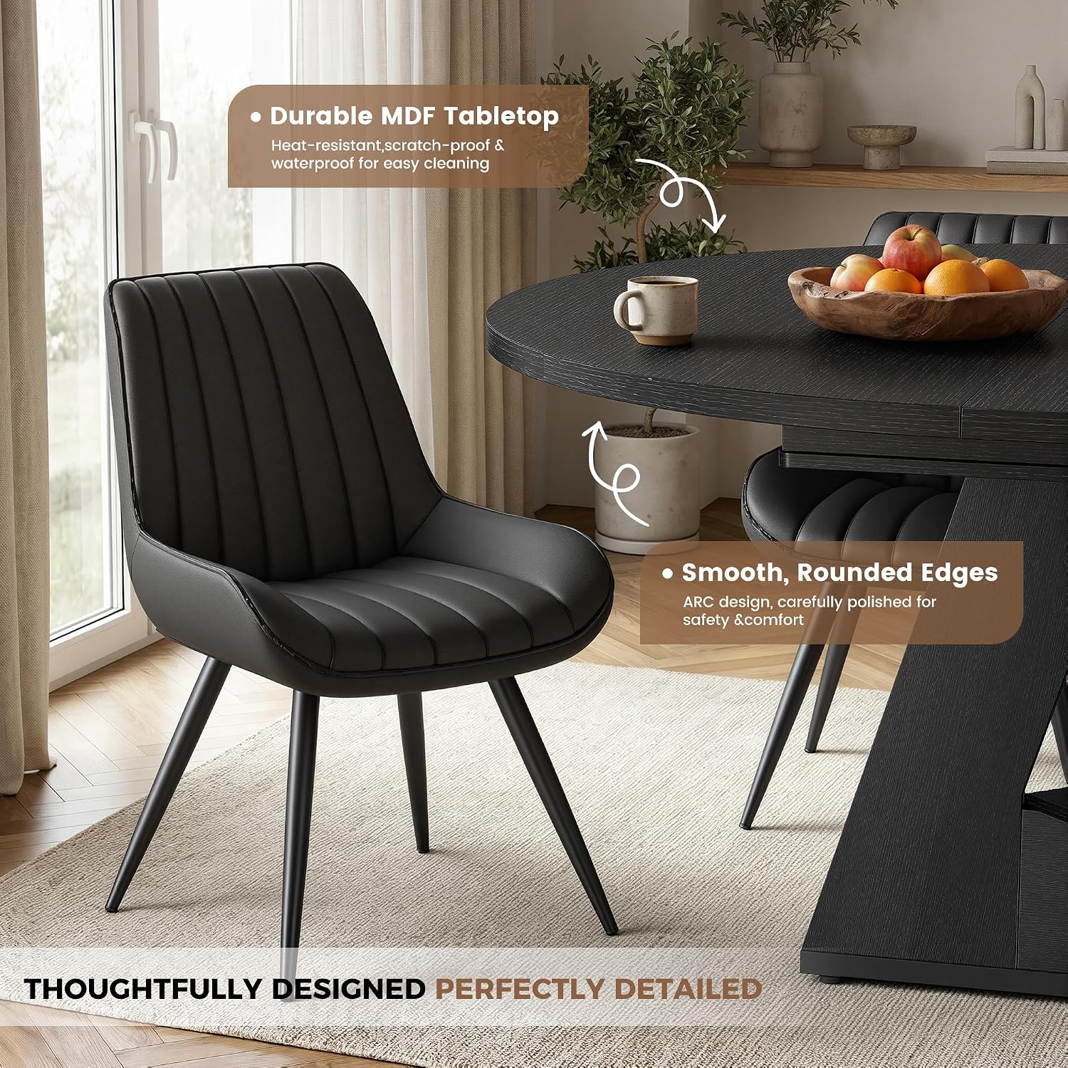 Miereirl Extendable Dining Table Set for 4-6, 47.24"-63" Round to Oval Dining Table Set with Upholstered Chairs, Hidden Storage Shelf, Kitchen & Dining Room Furniture for Apartment
