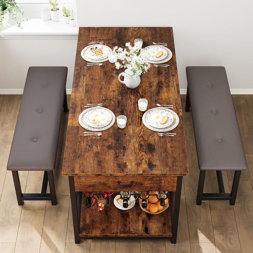 CABIHOME Dining Table Set for 4, Dining Room Table with Storage Drawers & Wine Rack, Kitchen Dining Table Set with Upholstered Benches for Dining Room-Retro Brown