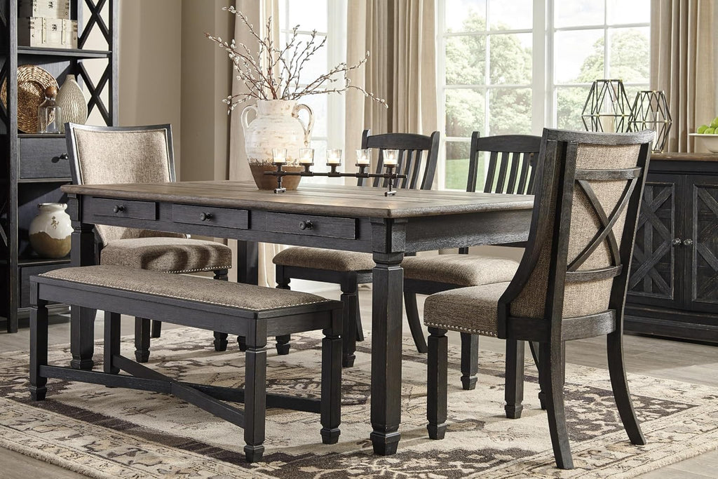 Signature Design by Ashley Tyler Creek Farmhouse Upholstered Dining Room Bench with Tapered Legs, Heavy Woven Fabric, Wood, 19.5" High Seat, Black & Gray