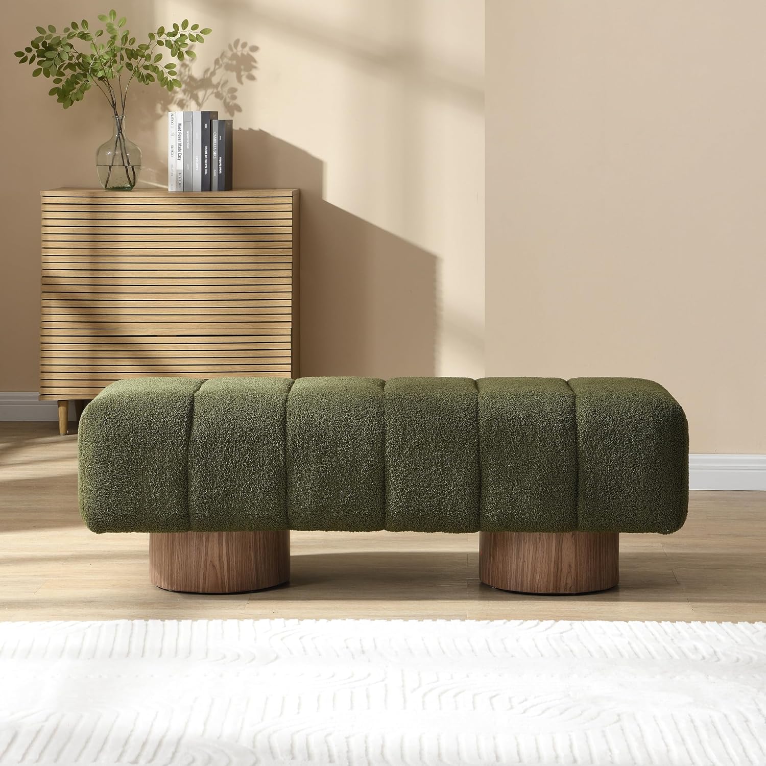 Christopher Knight Home Manila 50" Boucle Fabric Dining Bench, Rectangular Upholstery Ottoman Bench, Bedroom End of Bed Footstool, Living Room Extra Seat Footrest, No Assembly Needed, Jungle Green