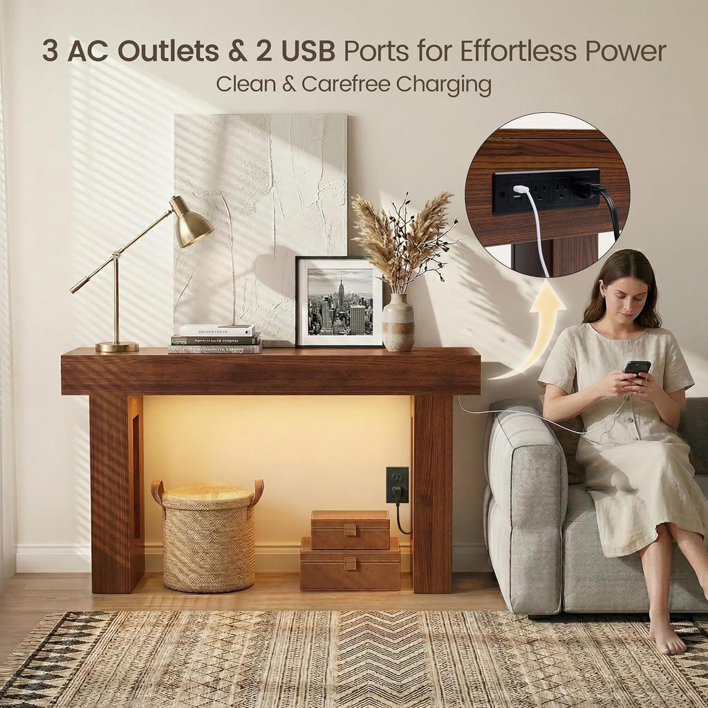 47" Narrow Console Table with Socket & Sensor Light, Farmhouse Entryway Table, Behind Couch Table, Hallway/Living Room/Couch Armrest Table, Dark Walnut