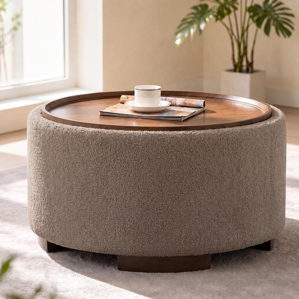 29.5 Inch Round Storage Ottoman Coffee Table, Brown Teddy | Modern Circle Coffee Table With Storage With Removable Lid Top and Solid Wood Legs, Round Ottoman for Bedroom, Living Room