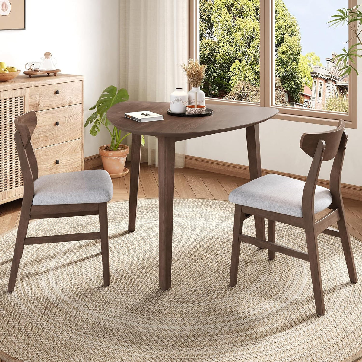 P PURLOVE Modern 3 Piece Table Set, Triangular Table and 2 Curved Wood Chairs for Living Room, Dining Room, Kitchen, Small Space, Minimalist Space-Saving (Brown and Grey)