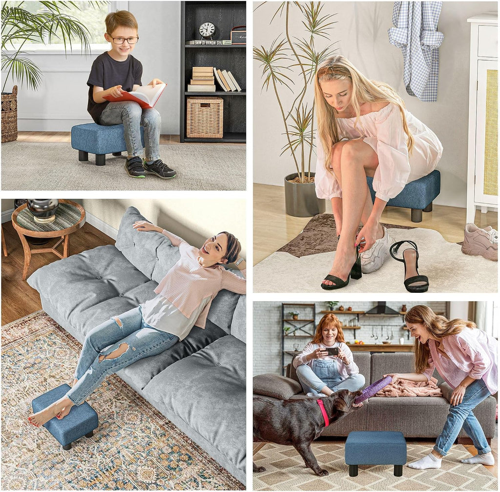 Small Trendy Comfortable Linen Fabric Cube Ottoman Footrest with Premium Construction, Sleek Blue Design, and Versatile Appeal