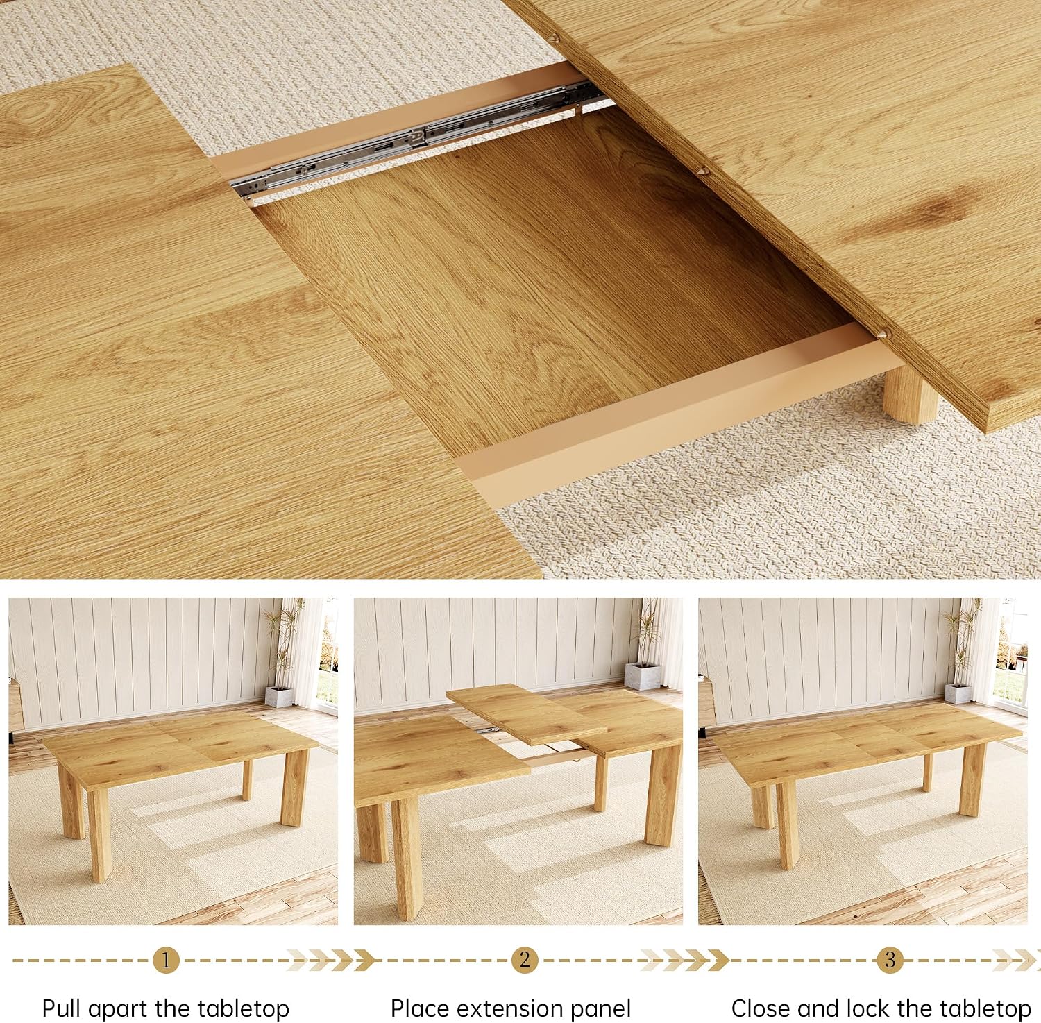 HIPIHOM Extendable Dining Table Set for 6, Seats 6-8 | MDF Farmhouse Extends 63-78.7in, Space-saving for Living Room & Nook, Oak Table + 6 Brown Upholstered Chairs