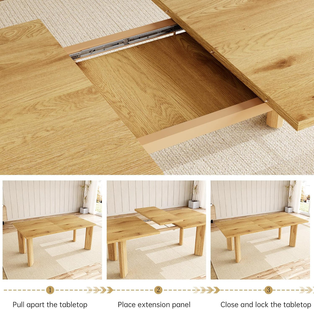 HIPIHOM Extendable Dining Table for 6-8, Space-Saving (Oak) | MDF Farmhouse Kitchen Table, Extends 63-78.7'', Seats 6-8, Space-saving for Kitchen, Dining & Living Room