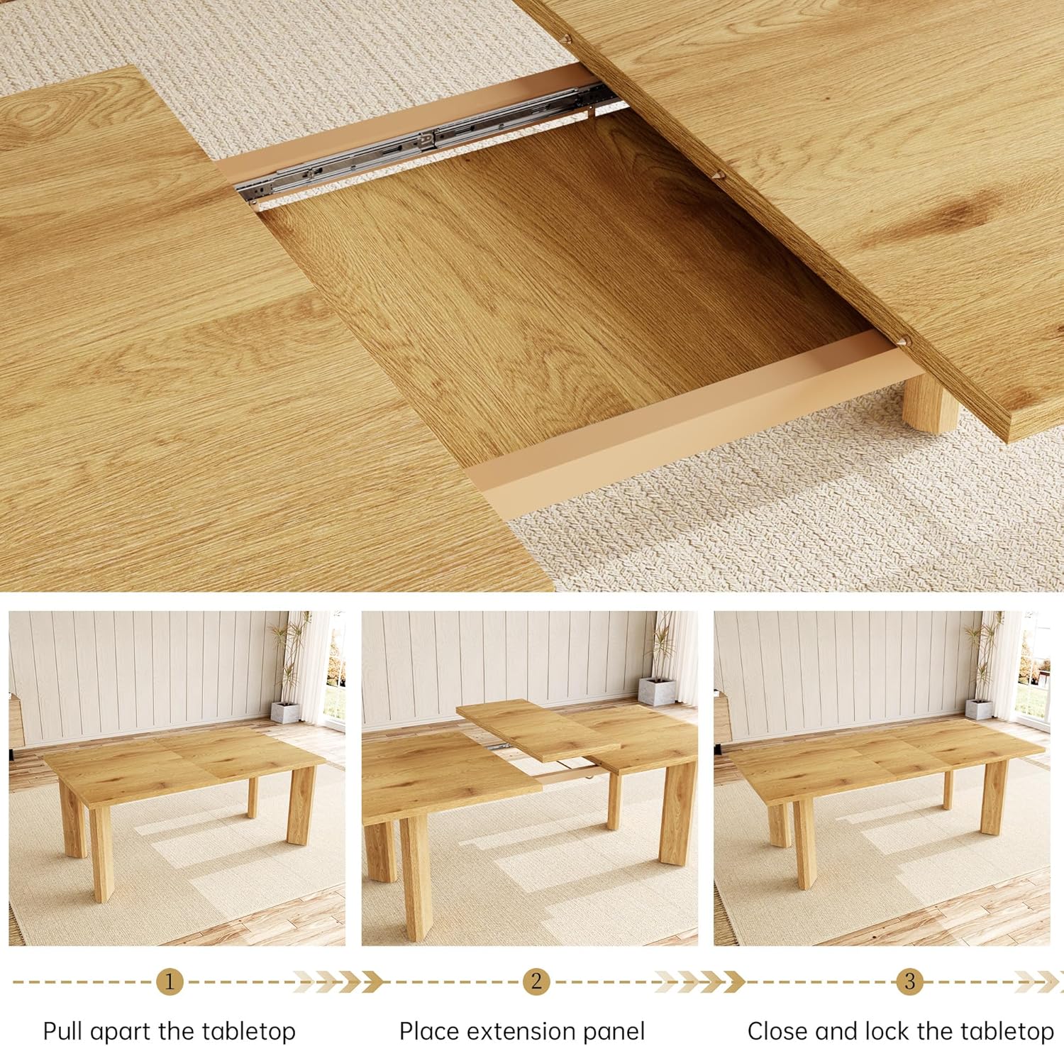 HIPIHOM Extendable Dining Table for 6-8, Space-Saving (Oak) | MDF Farmhouse Kitchen Table, Extends 63-78.7'', Seats 6-8, Space-saving for Kitchen, Dining & Living Room