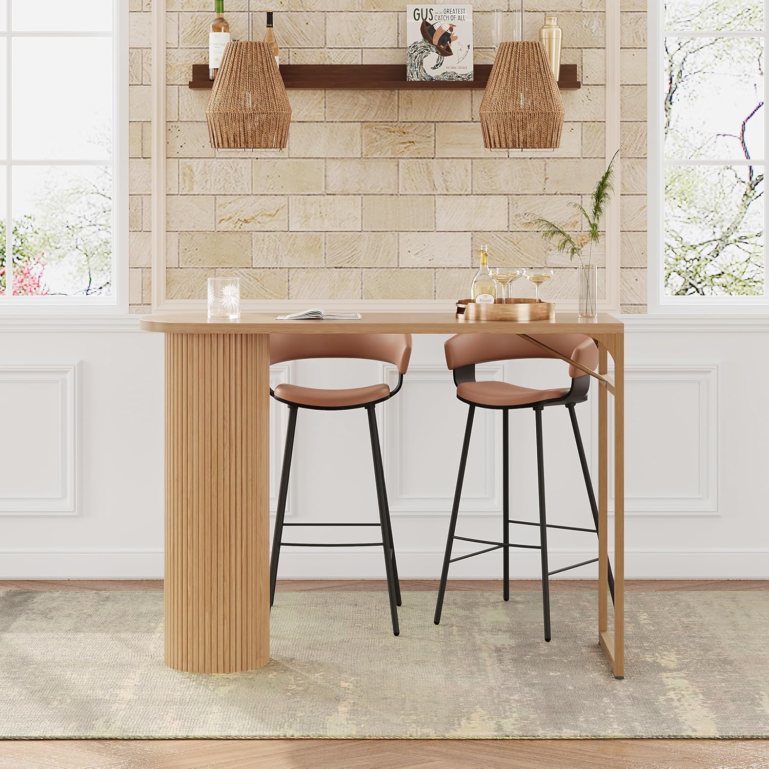 55" Long Bar Table, Fluted Wood Counter Height Pub Table, High Top Kitchen Breakfast Bar Tables with Sturdy Metal Frame, Modern Bar Height Dining Table for Bistro, Dining Room, Living Room