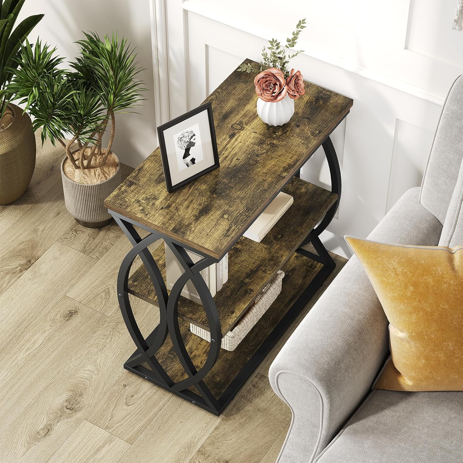 End Table, Narrow Side Table, 3-Tier End Table with Metal Frame, Living Room Side Table with Storage for Couch, Sofa, Bedroom, Small Spaces, Easy Assembly, 23.6"D*11.8"W*23.6"H, Rustic Brown