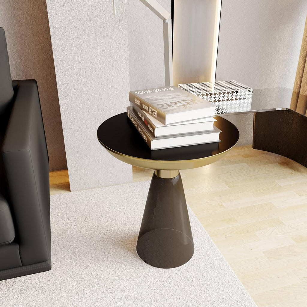 LeisureMod Side Table, Mid-Century Modern Accent End Table with Round Tempered Glass Top & Brushed Gold Iron Pedestal Base, for Small Spaces, Living Room, Coffee, Bedroom, Hyalus Collection in Smoke