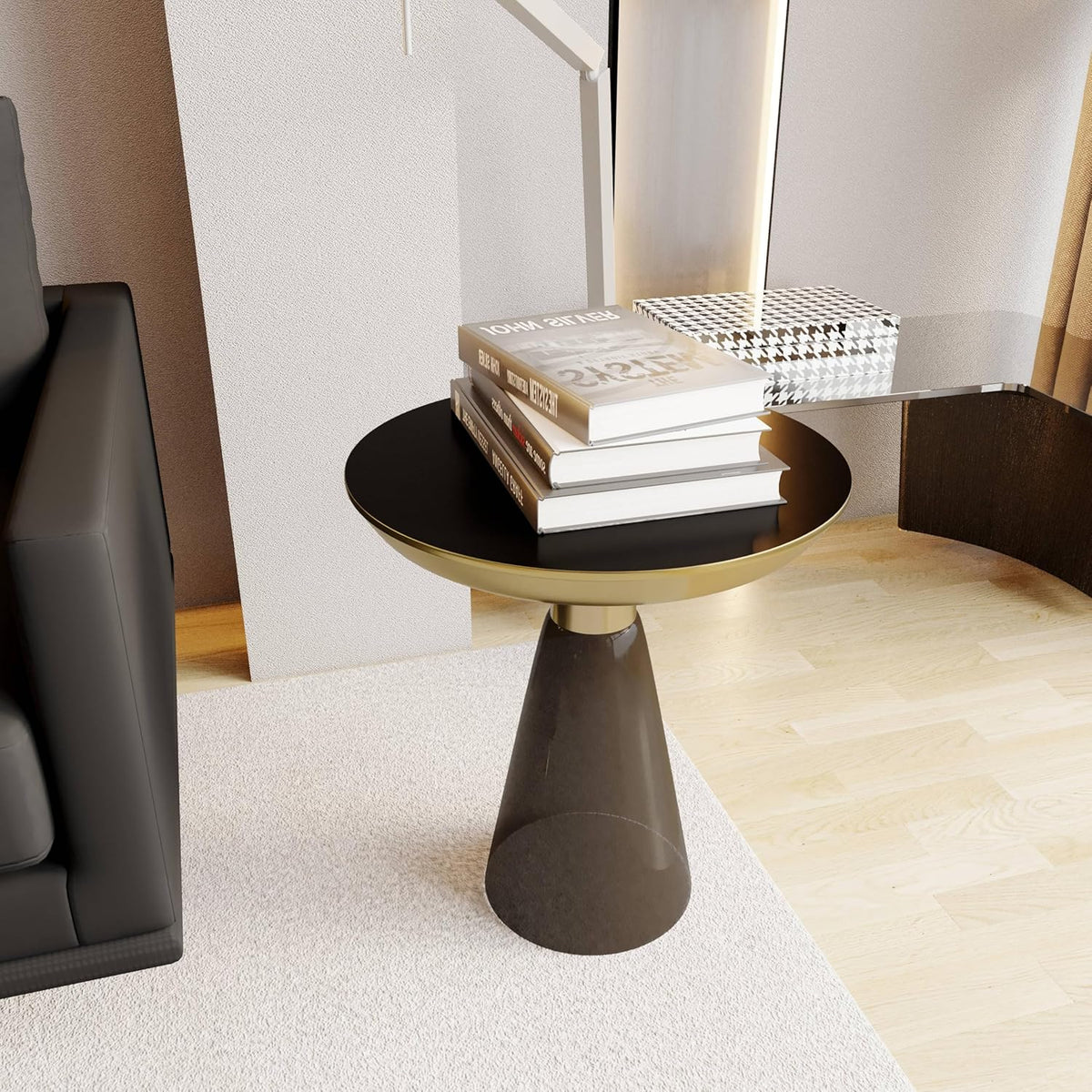 LeisureMod Side Table, Mid-Century Modern Accent End Table with Round Tempered Glass Top & Brushed Gold Iron Pedestal Base, for Small Spaces, Living Room, Coffee, Bedroom, Hyalus Collection in Smoke