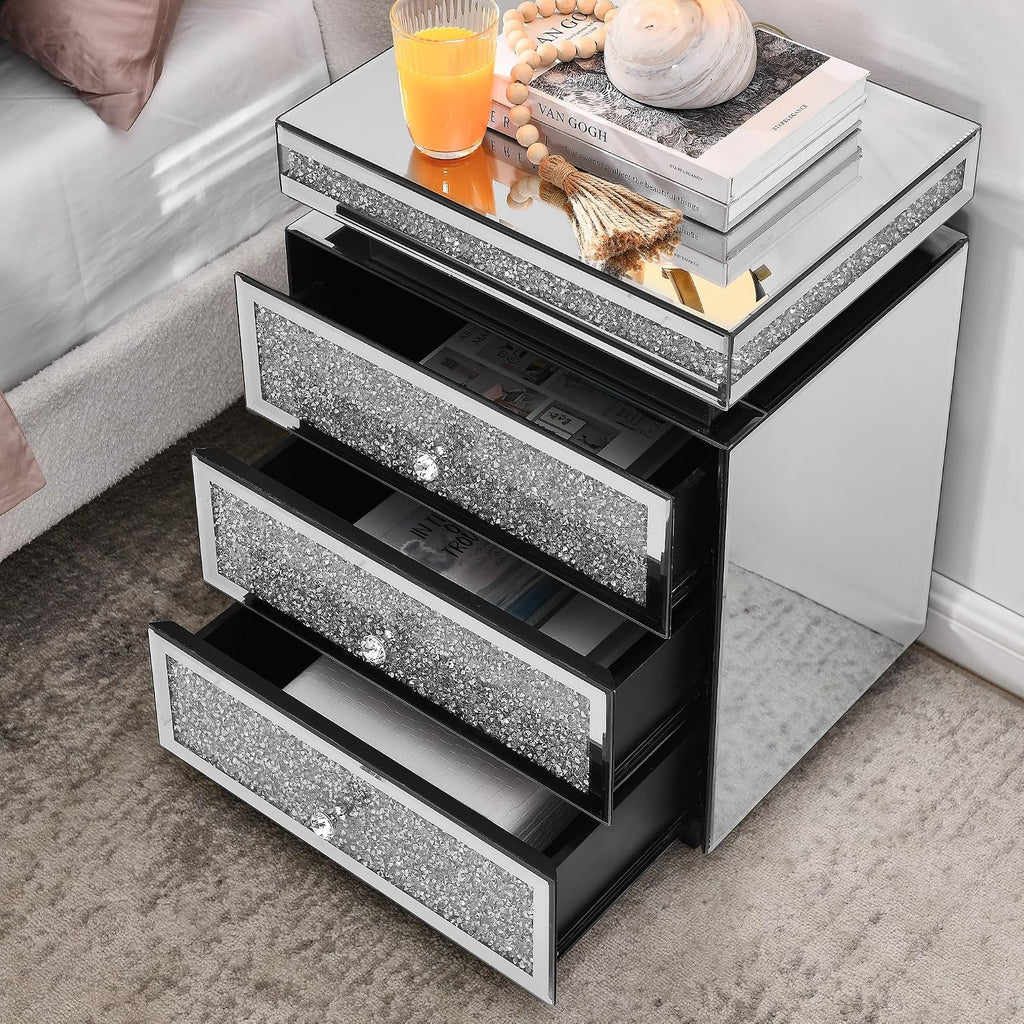 SSLine 3-Drawer Mirrored End Table,Mirrored Nightstand End Tables Bedside Table,Silver Finished Mirror Accent Side Table for Bedroom, Living Room, Entryway,Hallway