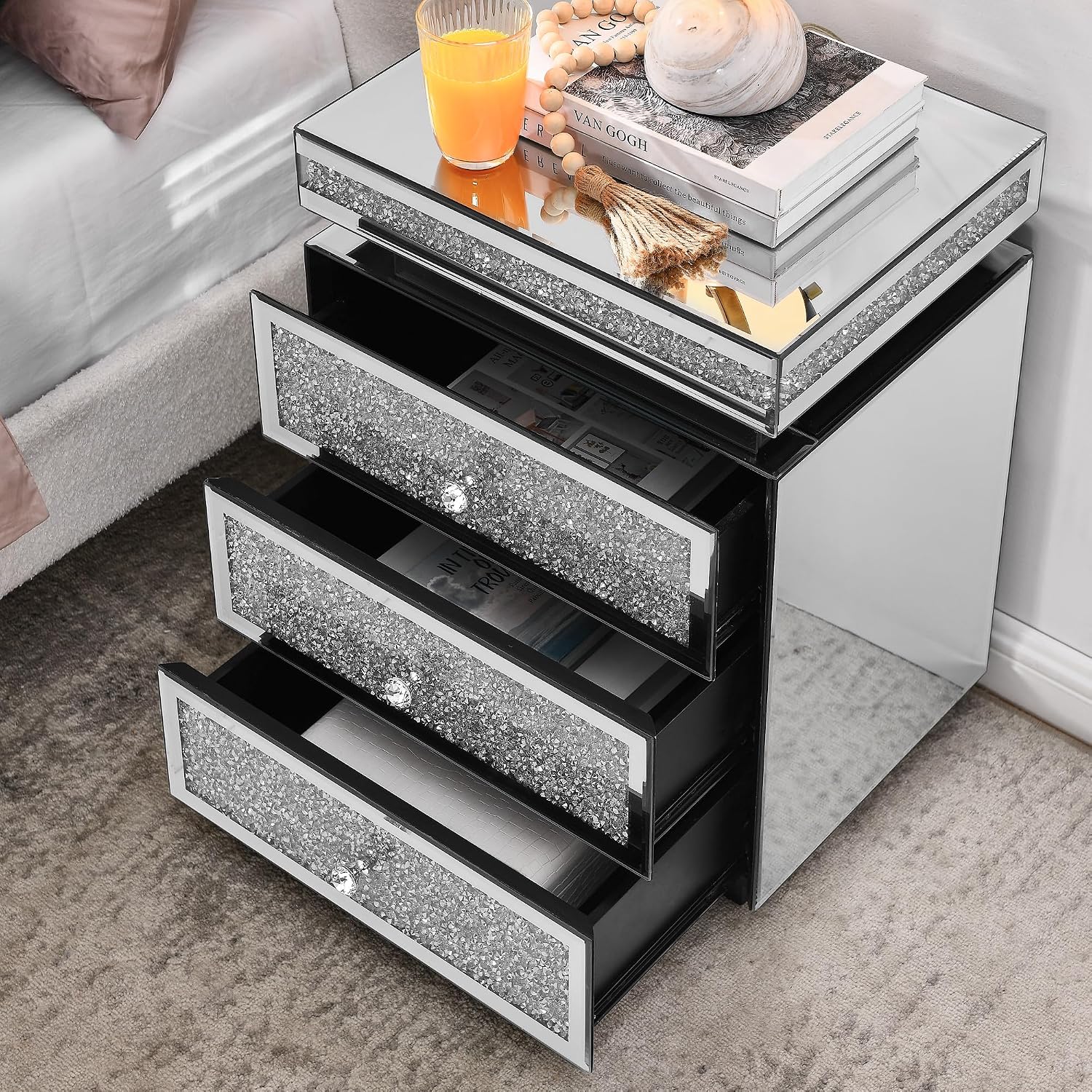 SSLine 3-Drawer Mirrored End Table,Mirrored Nightstand End Tables Bedside Table,Silver Finished Mirror Accent Side Table for Bedroom, Living Room, Entryway,Hallway