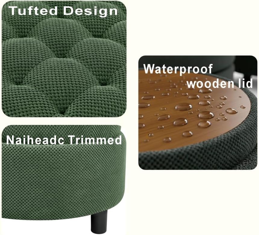 25Inch Round Storage Ottoman with Tray, ModernTufted Fabric Circle Coffee Table with Storage, Upholstered Ottoman with Removable Top for Living Room, Bedroom. (Dark Green + Wood+Fabric + Foam)