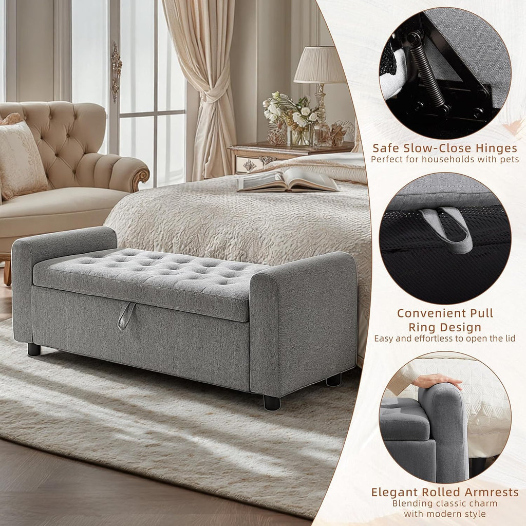 48" Ottoman with Storage, Tufted Storage Ottoman Bench, Convenient Living Room Fabrics Bench Seat, Entryway Shoe Benches with Inner Zipper & Arm, Rivetless Upholstered Window Seat Ottomans, Dark Grey