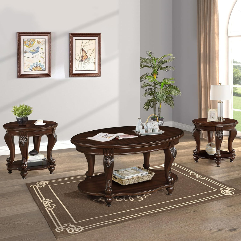 22'' Retro Round End Table,Solid Wood Sofa Side Table with Shelf,Living Room Corner Table Easy Assemble,Cherry