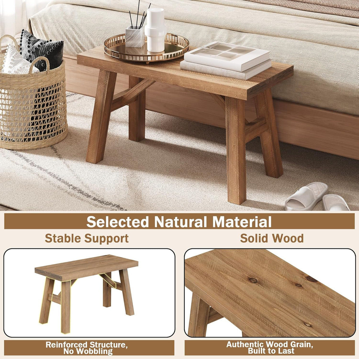 Wnutrees Sawmill Solid Wood Bench, 30" Farmhouse Entryway Bench, Natural | Rustic Hallway Seat for End of Bed, Living Room, Dining Area, Handcraft Finish