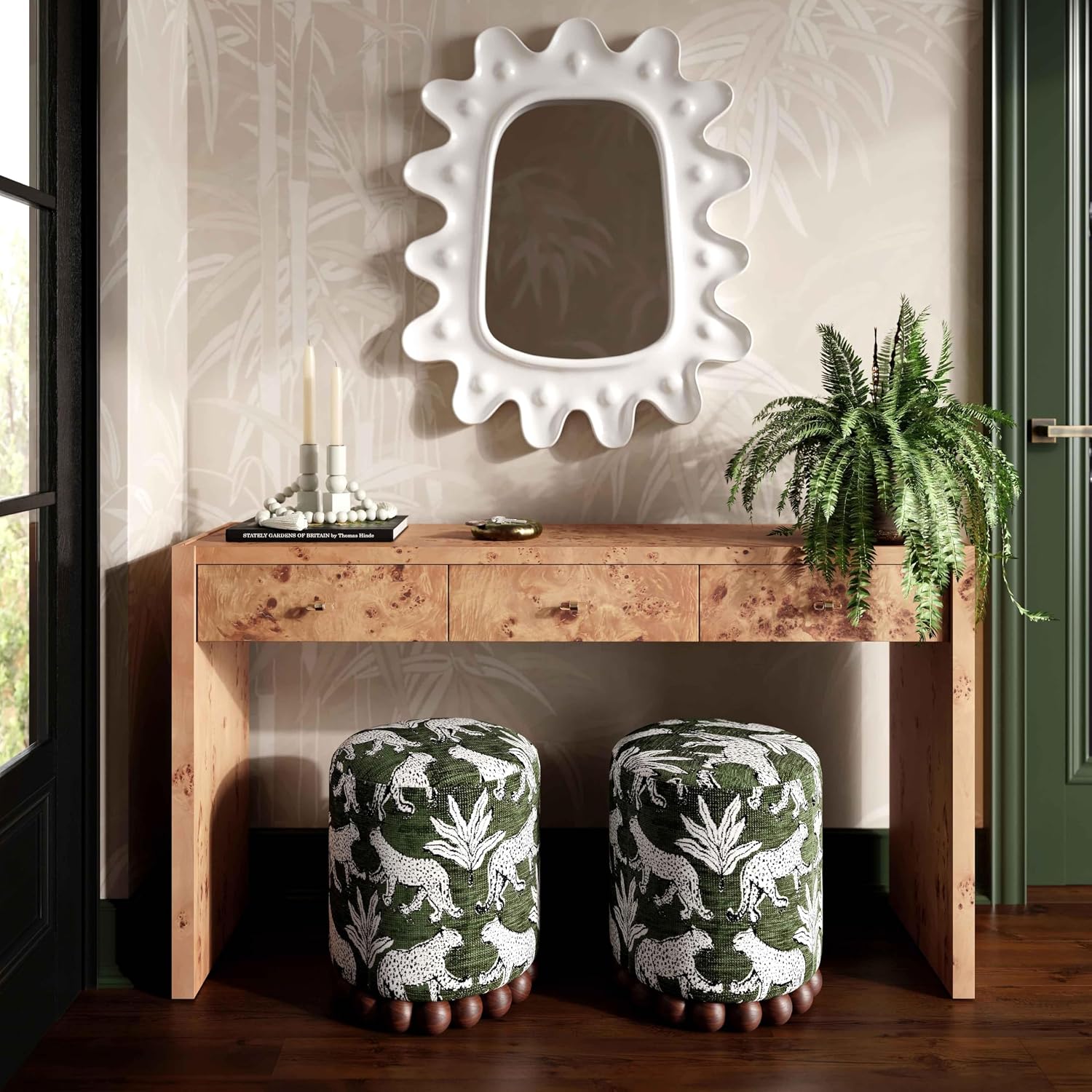 Tov Furniture Dex Olive Green Leopard Jacquard Ottoman