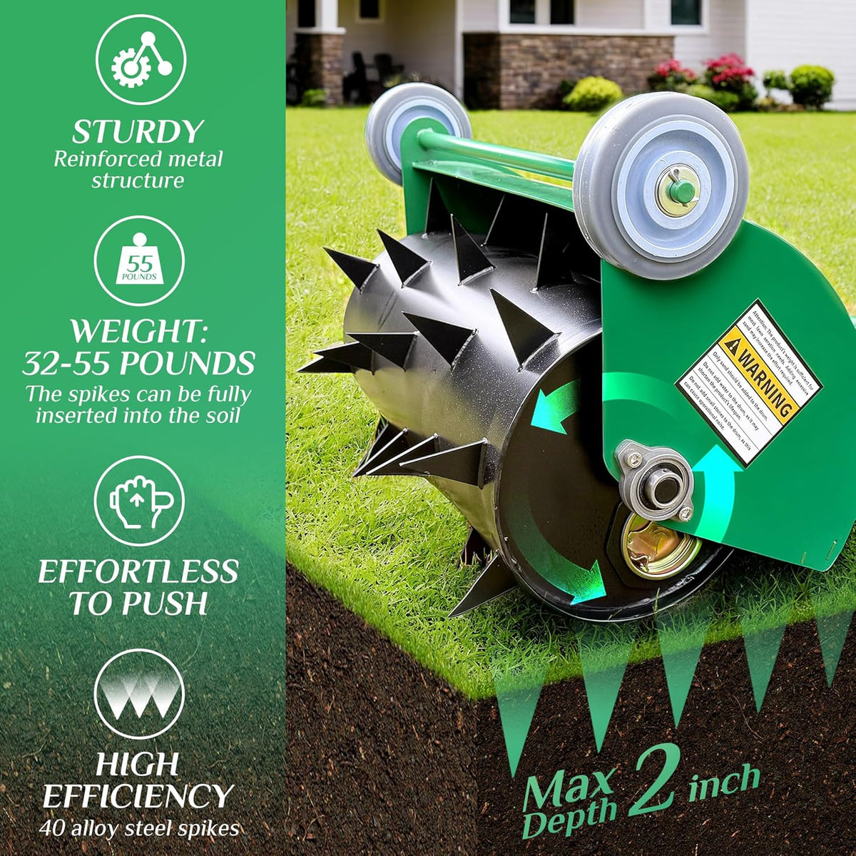 Manual Rolling Lawn Aerator, 32–55 lb Heavy-Duty Spike Roller for Garden & Yard