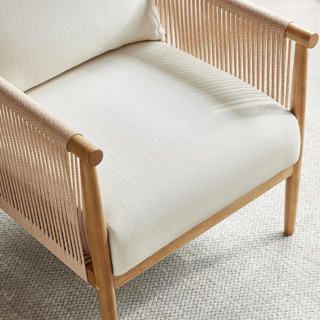 CHITA Braid Accent Chair Set of 2, Wood Frame and Paper-Cord Armrest, Cream | Boho Reading Armchair, FSC Certified Solid Wood Living Room Chair, Bedroom, 33.1"Dx26.4"Wx35.4"H, 300 Lb Capacity