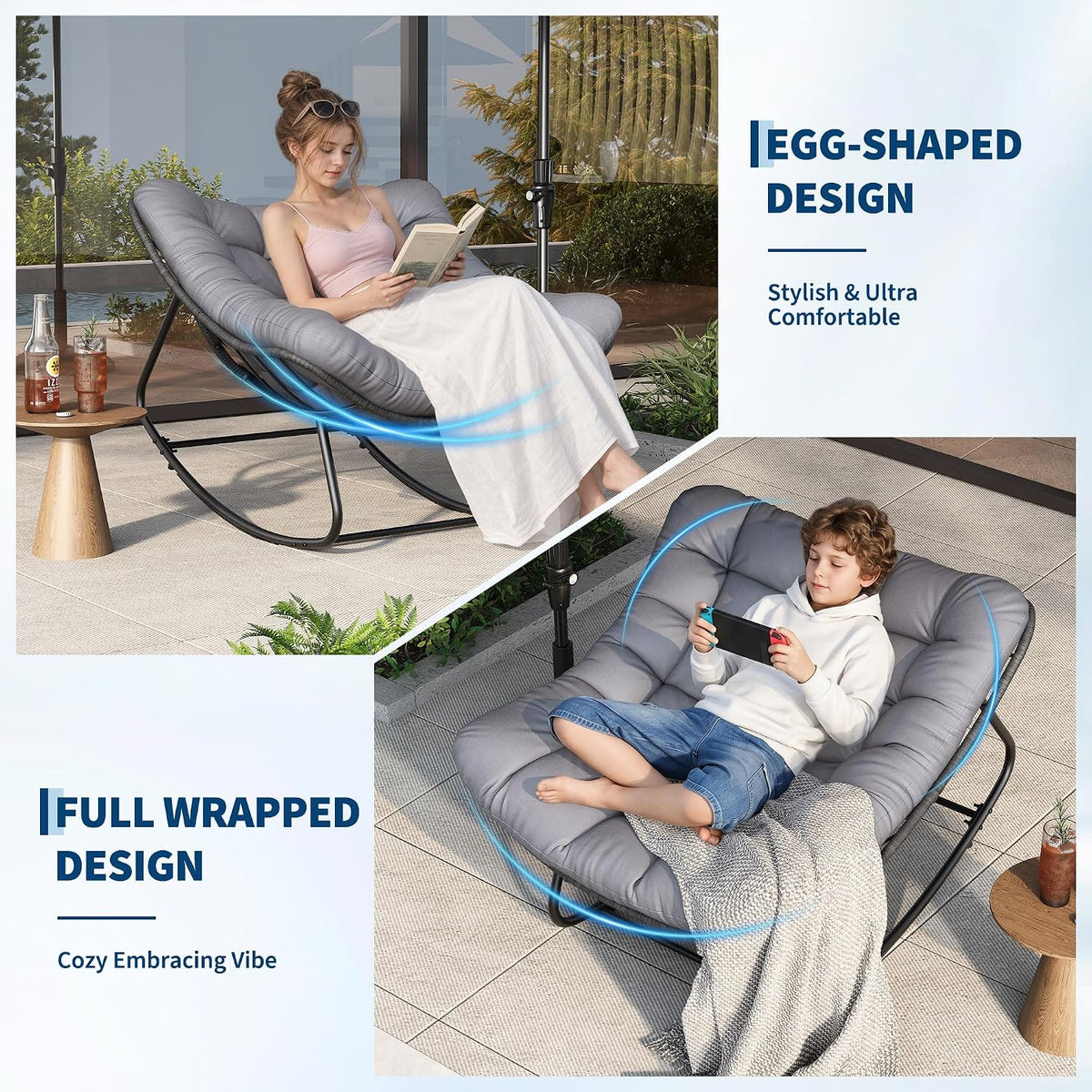 Garvee Outdoor Rocking Chair, Oversized Papasan Chair with Cushion | Metal & PE Rattan Frame, 400LBS Capacity, Ideal for Patio, Garden or Living Room, Gentle 30° Rocking Comfort