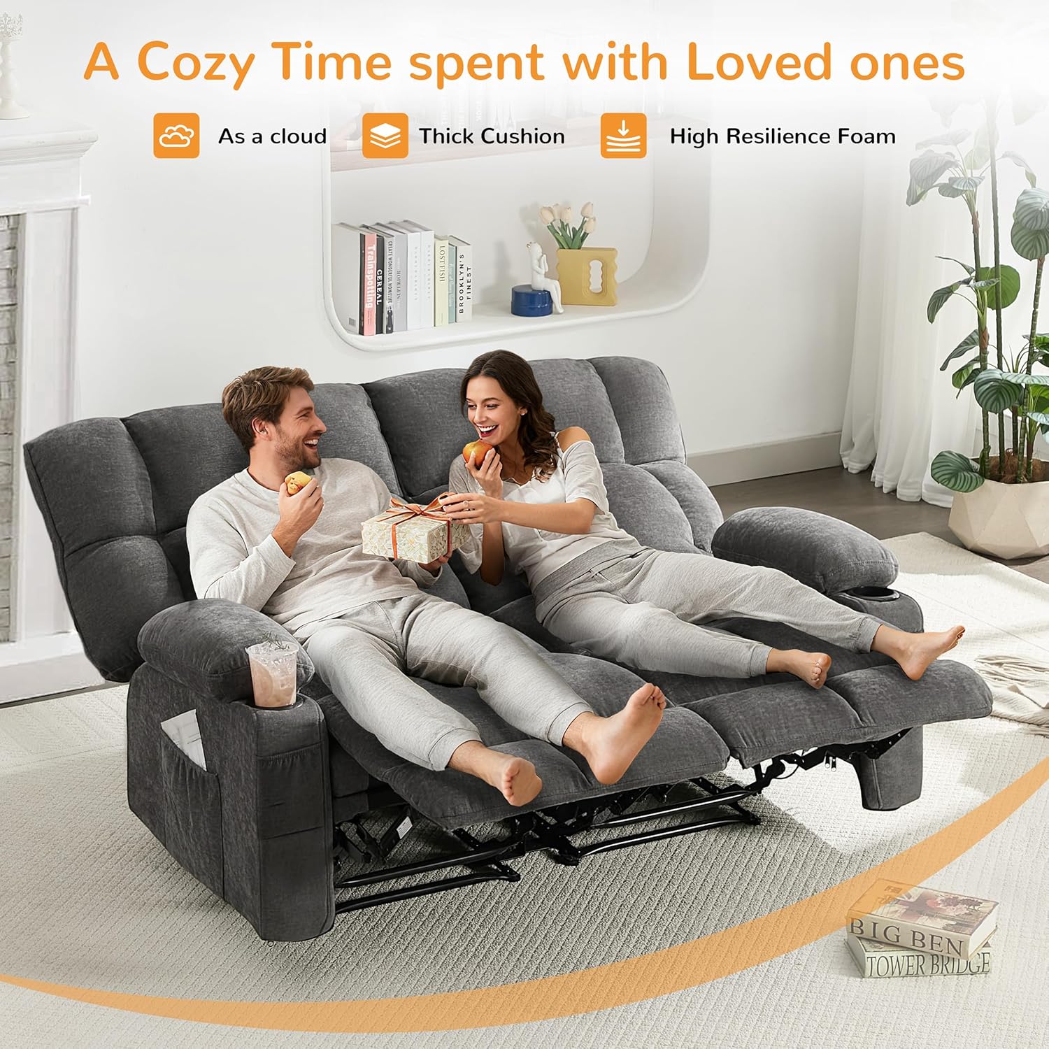 Oversized Loveseat Recliner Sofa, Double Recliner, Big Large Reclining Sofa with Cup Holders & Side Pockets, Traditional 2-Seater Manual Recliner Couch for Living Room, RV, Home Theater (Fabric,Grey)