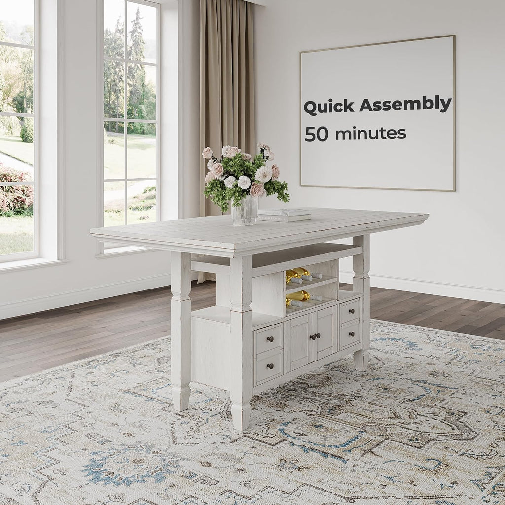 Signature Design By Ashley Robbinsdale 72-Inch Counter Height Dining Table with Kitchen Island Storage, Rubberwood Solids, Ash Veneer and MDF Substrates, Antique White