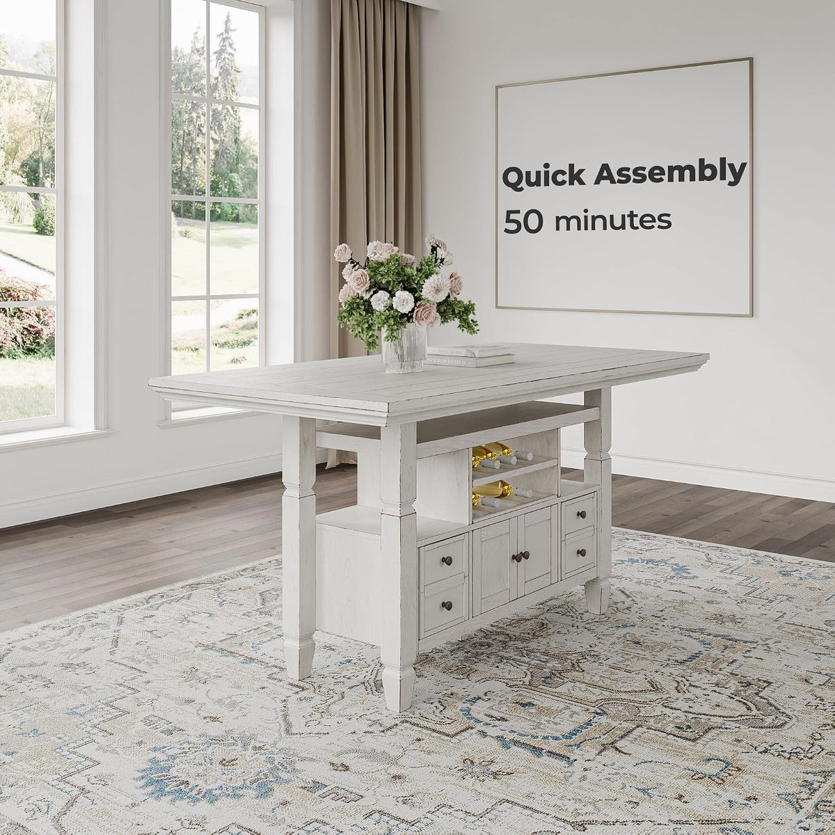Signature Design By Ashley Robbinsdale 72-Inch Counter Height Dining Table with Kitchen Island Storage, Rubberwood Solids, Ash Veneer and MDF Substrates, Antique White