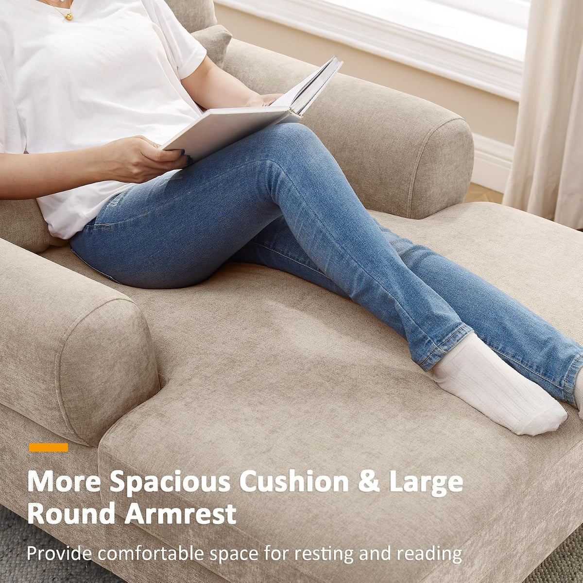 Modern Chaise Lounge Chair with Adjustable Backrest, Upholstered Indoor Leisure Sofa Recliner, Oversized Accent Chair Deep Seat Reading Armchair for Living Room, Bedroom, Office, Light Khaki
