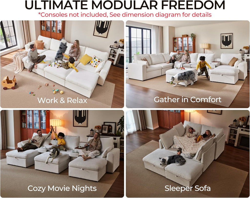 124.8'' Oversized Modular Sofa Comfy Cloud Couch with Storage Wide L-Shaped Sectional Sofa Set with Chaise for Living Room, Covers Washable, 4-Seater with Ottoman, Chenille, White