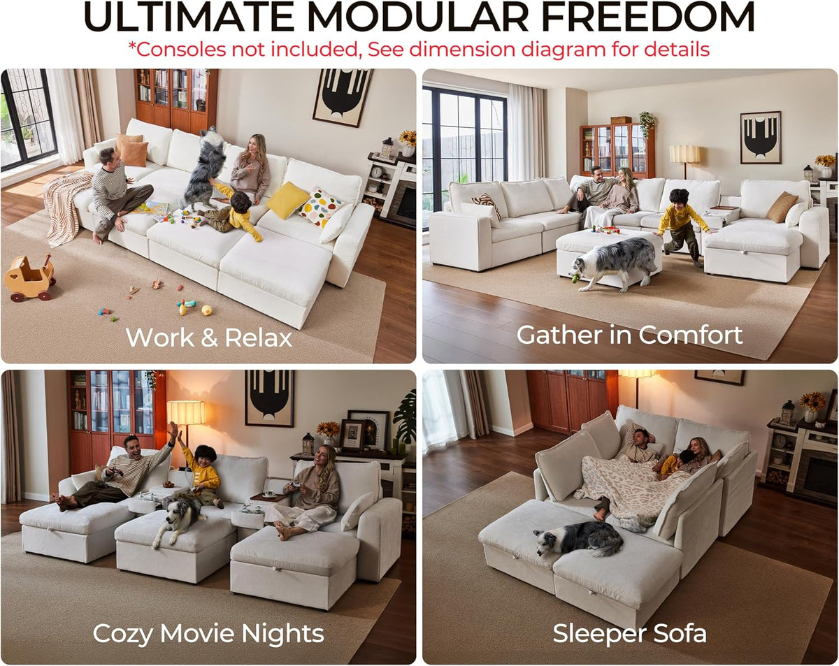 124.8'' Oversized Modular Sofa Comfy Cloud Couch with Storage Wide L-Shaped Sectional Sofa Set with Chaise for Living Room, Covers Washable, 4-Seater with Ottoman, Chenille, White