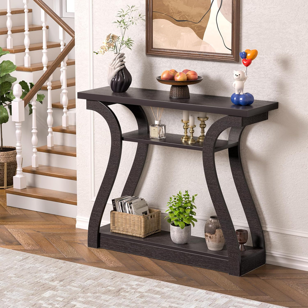 47" Narrow Console Table, Entry Table with Curved Legs, Sofa Table | Wood Console Table 3-tier Shelf Modern Accent Sofa Table for Entrance Area, Living room, Hallway (Brown)