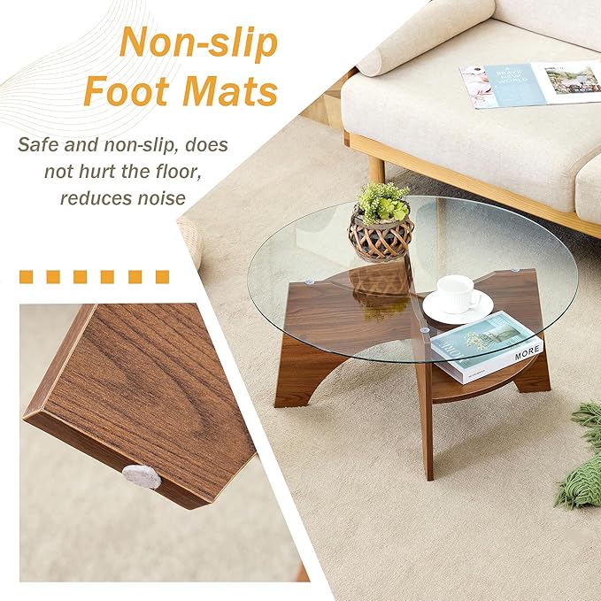31.5" Round Glass Coffee Table with Tempered Glass Top and MDF Base, Diagonal Fan-Shaped Tray Design Table Leg Simple & Modern Center Table for Living Room Office Apartment Walnut