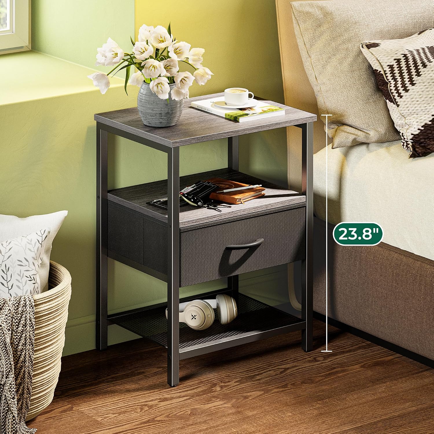 Huuger Nightstand Set of 2, Night Stand with Fabric Drawer, Mesh Shelf, Side Table with Storage, Fabric Drawer Dresser, Open Shelf, Metal Frame, Bedroom, Charcoal Gray
