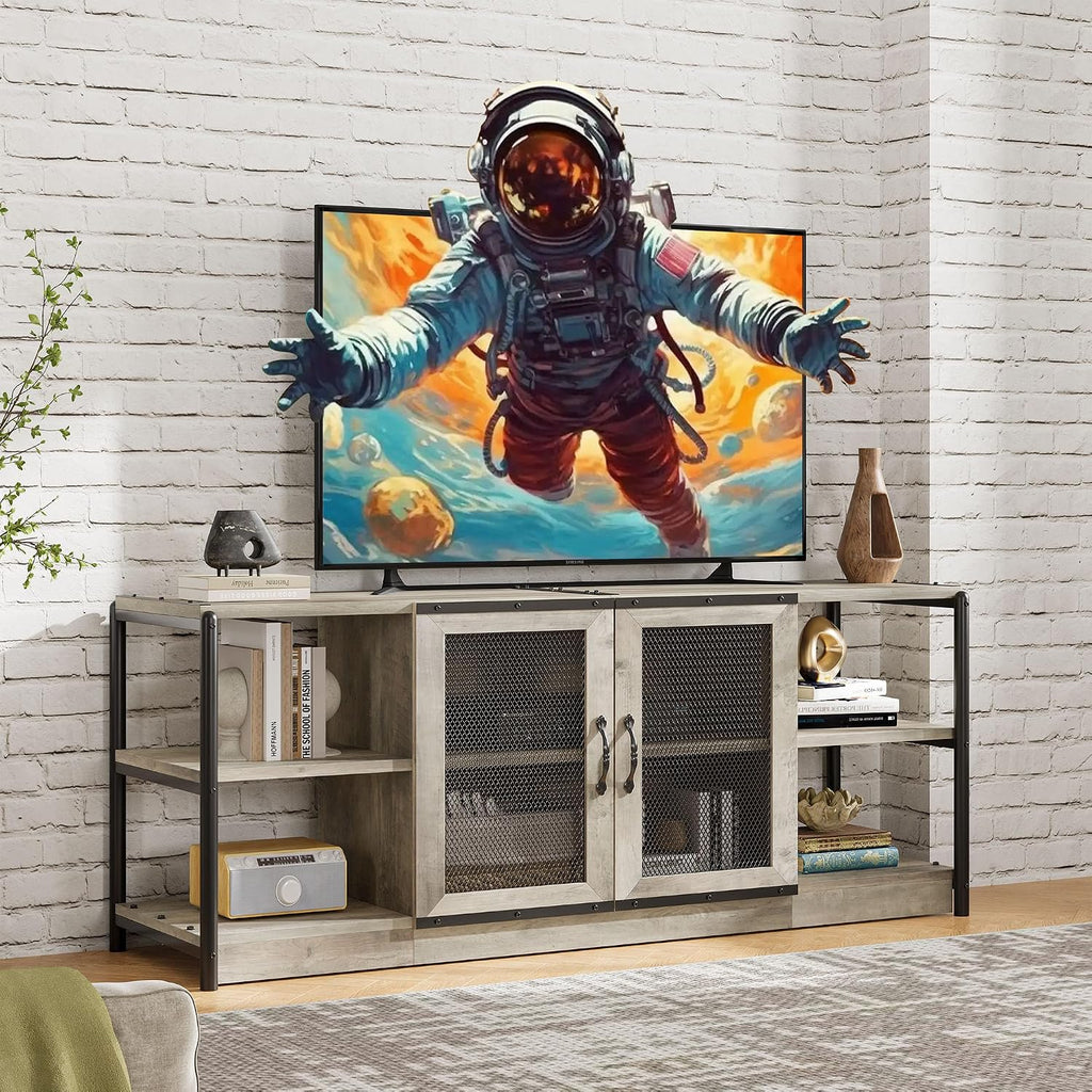 Amyove TV Stand for 65+ Inch TV, Industrial Entertainment Center TV Media Console Table, Farmhouse TV Stand with Storage, Mesh Door and Shelves, Gray TV Console Cabinet Furniture for Living Room