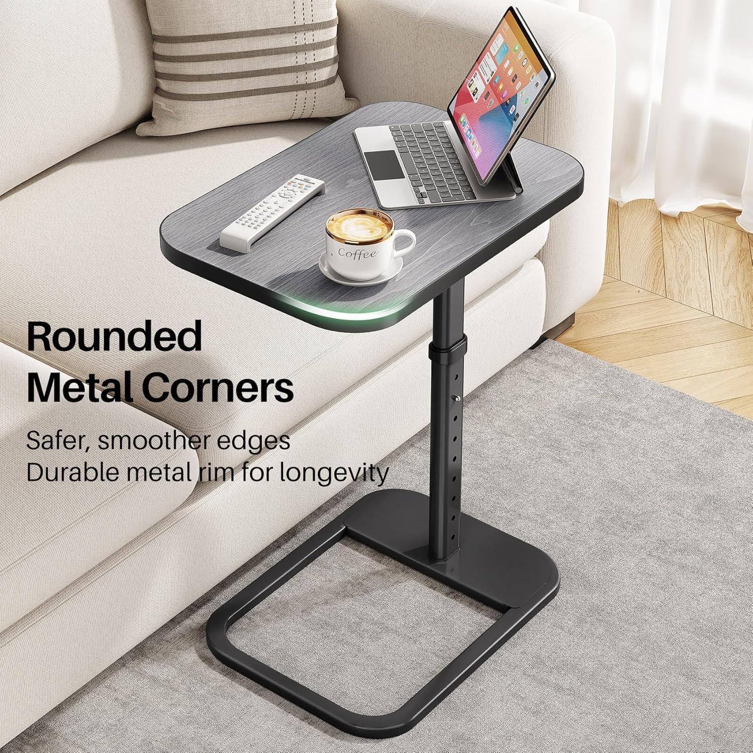 Kitstorack TV Tray Table, Adjustable Height & Rounded Metal Corners, Snack Table for Couch, Sofa, Bed, Chair, Living Room, C Shaped End Side Table for Eating, Dinner or Laptop, Small Spaces, Dark Gray