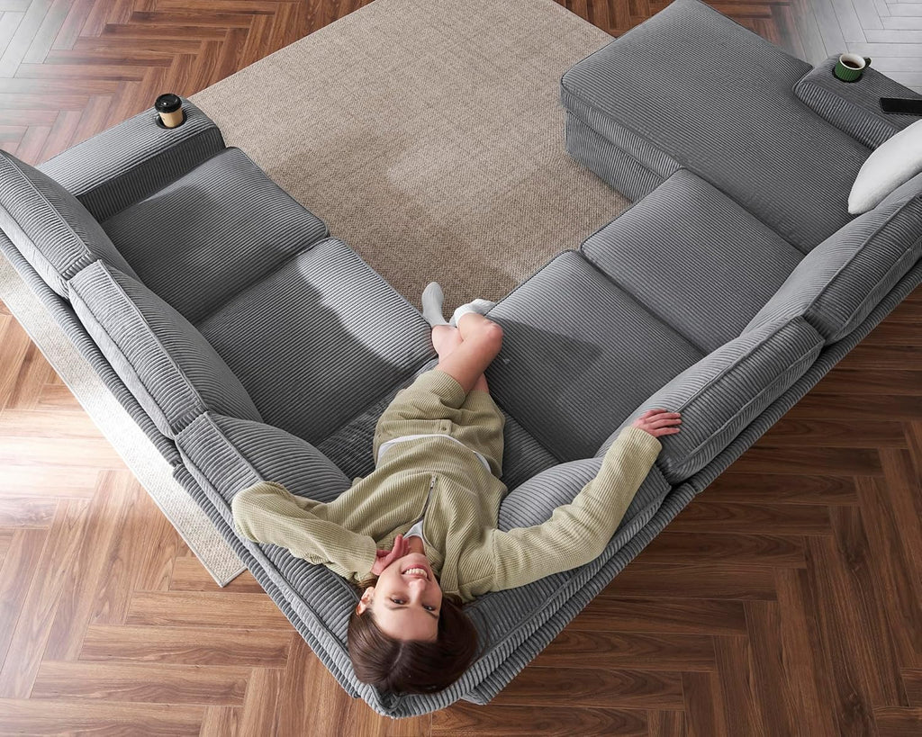 112" Sectional Couch, U Shaped Couch with Storage, Couches for Living Room | Storage Chaise, Cup Holders, USB & Type-C Charging Ports, L Shaped Sofa for Living Room & Guest Bedroom, Corduroy Grey