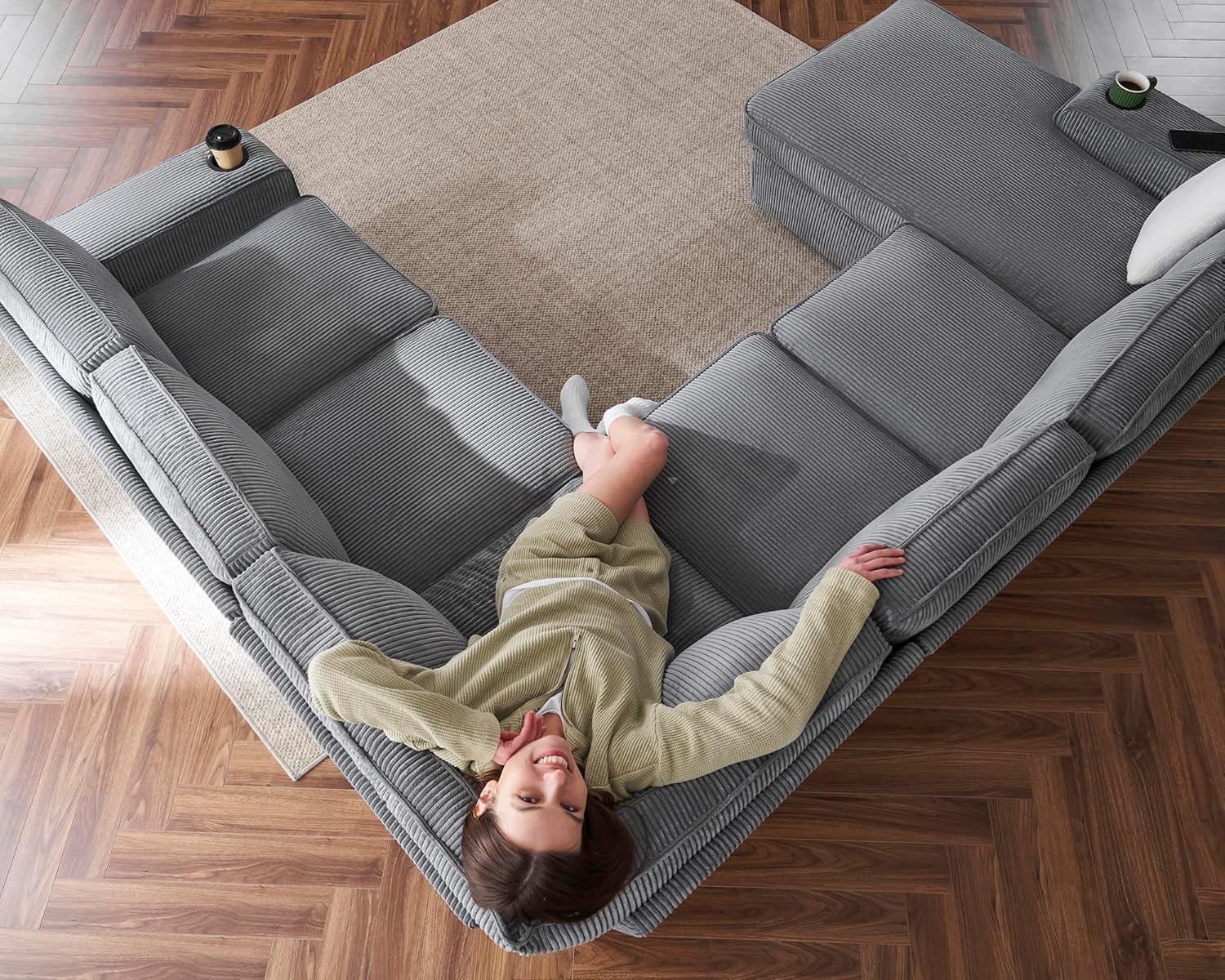 112" Sectional Couch, U Shaped Couch with Storage, Couches for Living Room | Storage Chaise, Cup Holders, USB & Type-C Charging Ports, L Shaped Sofa for Living Room & Guest Bedroom, Corduroy Grey