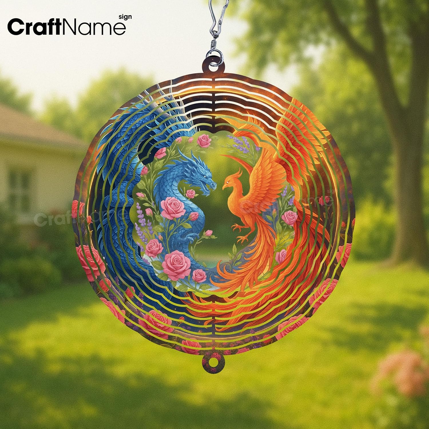Personalized Dragon & Phoenix Wind Spinner 3D Stainless Steel, Dragon Garden Spinner Hanging Outdoor Decor, Wind Spinners Outdoor, Custom Gift for Grandmother, Mom, Wife