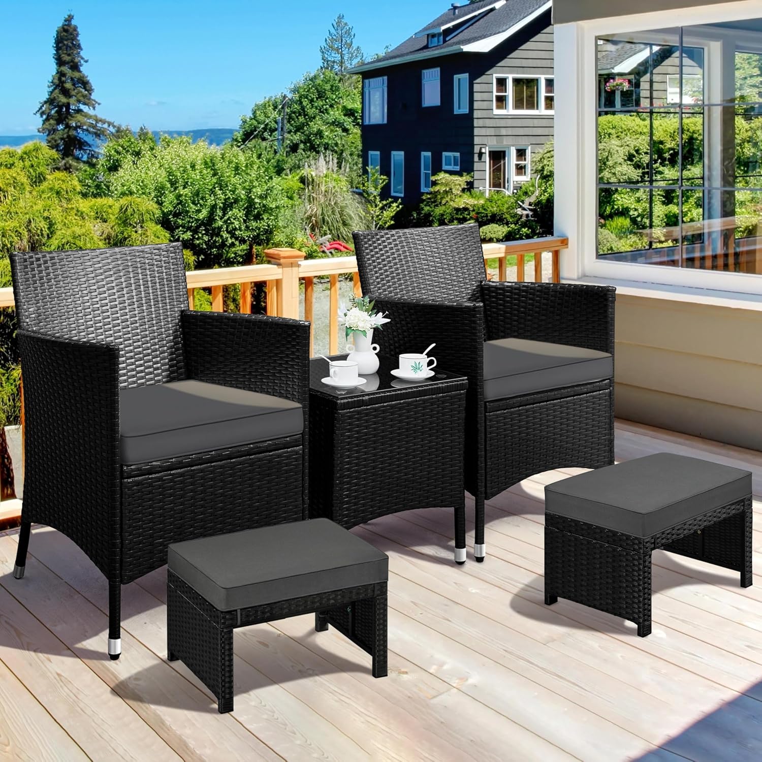 Yaheetech Wicker Ottomans, Set of 2 Footrest with Removable Cushion, 2pcs PE Rattan Side Table Additional Seating Multipurpose Outdoor Furniture for Patio, Backyard, Black/Gray