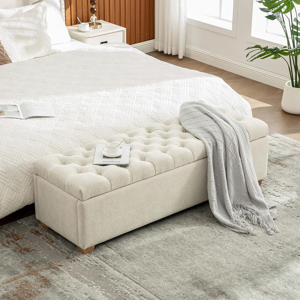 60.2" Storage Bench, End of Bed Storage Benches, Chenille Fabric Upholstered Ottoman Bench with Safety Hinge for Living Room Entryway Bedroom Hallway
