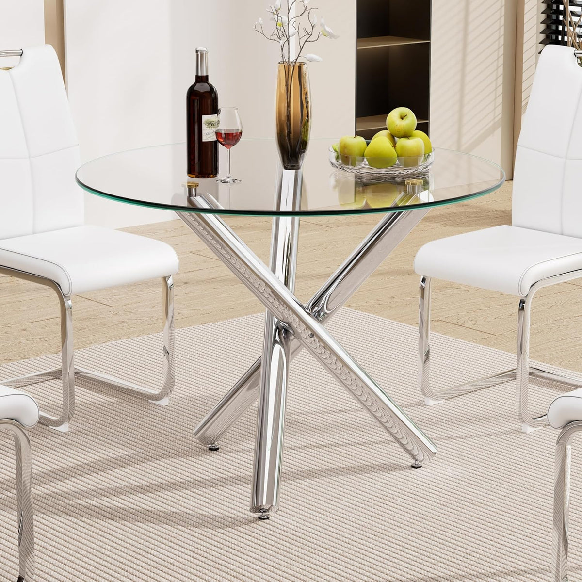 Round Glass Dining Room Table for 2-3, Modern Tempered Glass Top, Sturdy Chrome Legs, Adjustable Foot Pads, Kitchen Table for Living Room, Dining Room, Tea, Home, 35.5 Inch, Round Silver Base