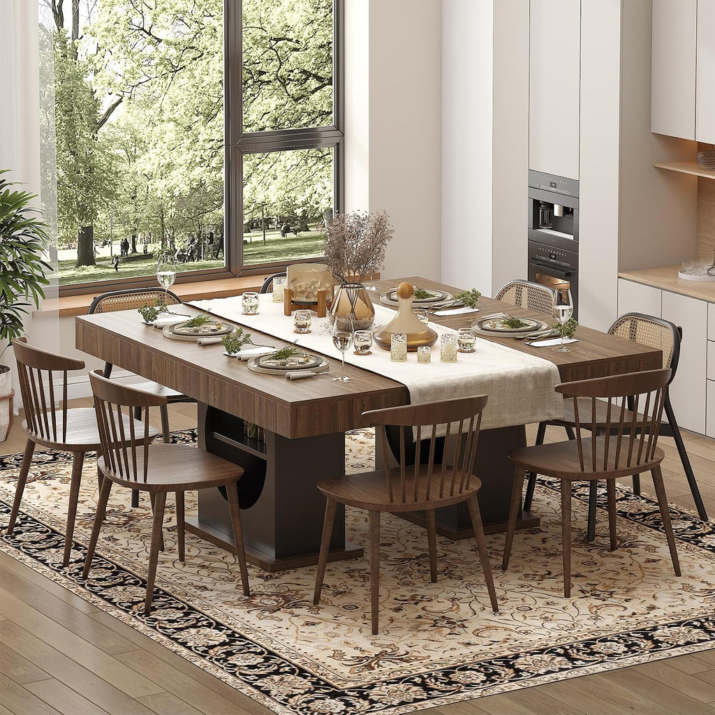Dining Table for 4-6 People, 55 Inches Dinner Table with Drawers and Open Storage, Wooden Pedestal Base, Rectangular Farmhouse Kitchen Table for Kitchen, Living Room