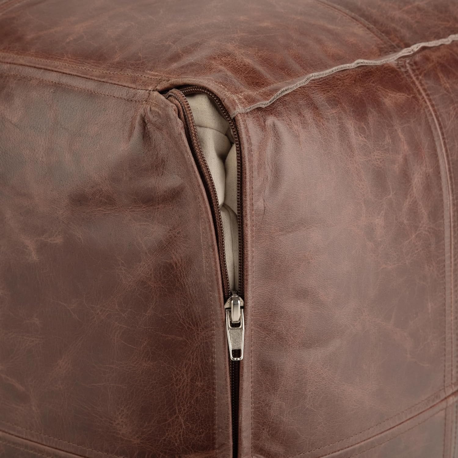 SIMPLIHOME Sheffield 18" Wide Square Genuine Leather Pouf in Brown | Distressed brown boho footrest, extra seating and accent piece for living room or bedroom, assembled; pouf ottoman.