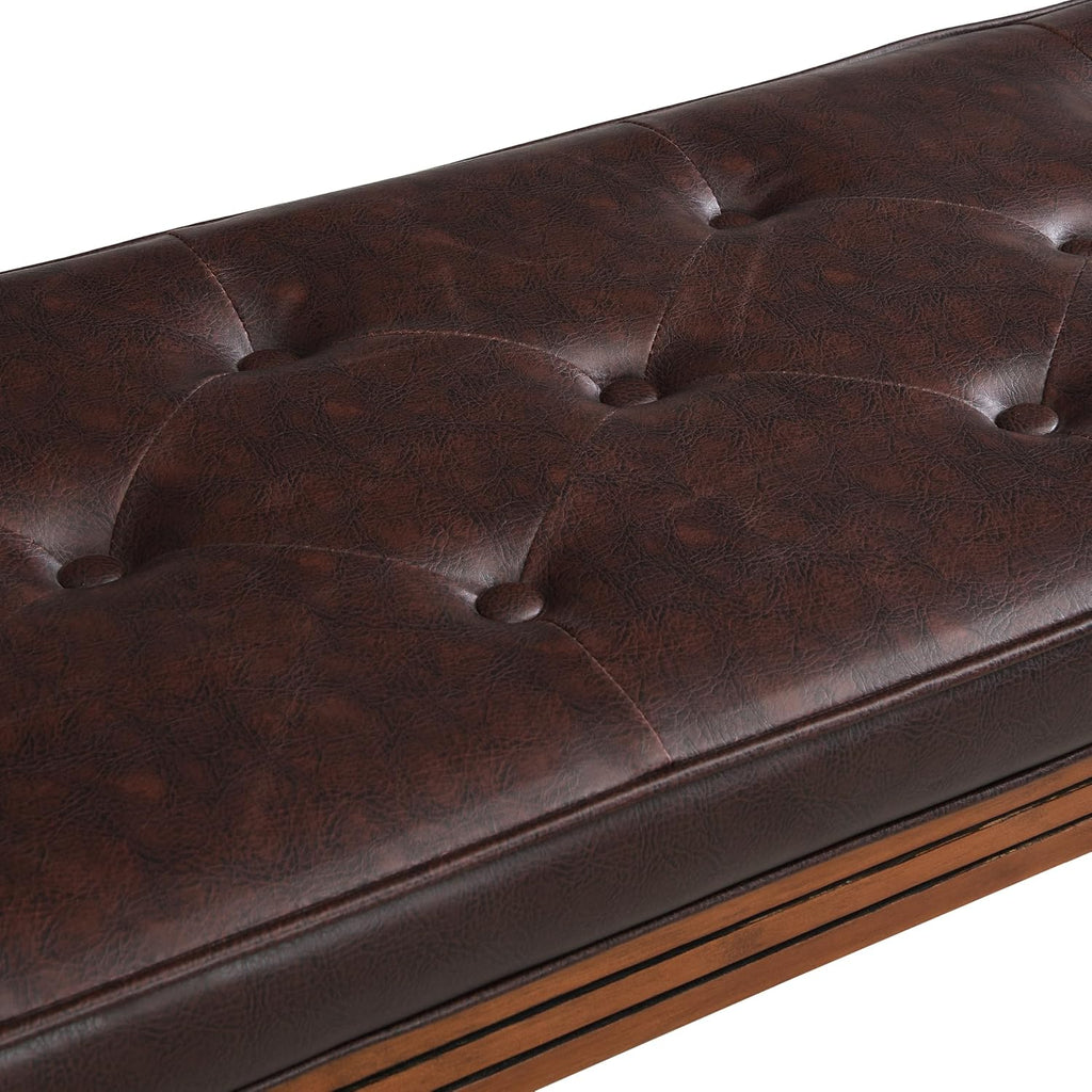 Christopher Knight Home Yae Luxurious PU Leather Upholstered End of Bed Ottoman, Wooden Living Room Ottoman Bench with Fluted Legs/Cylindrical Arm, Long Entryway Bench with Button Tufting, Brown
